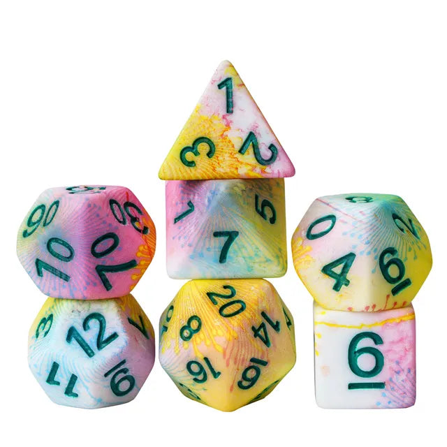 Multi-Colour Yellow Mix Pattern 7pc Dice Set inked in Green